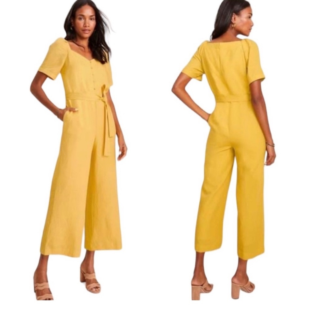 ANN TAYLOR LINEN LYOCELL WIDE LEG CROPPED JUMPSUIT IN MARIGOLD YELLOW - Picture 4 of 16